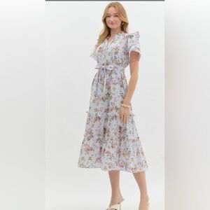 entro Light Blue Striped Floral Tiered Maxi Dress with Waist Tie - NWT